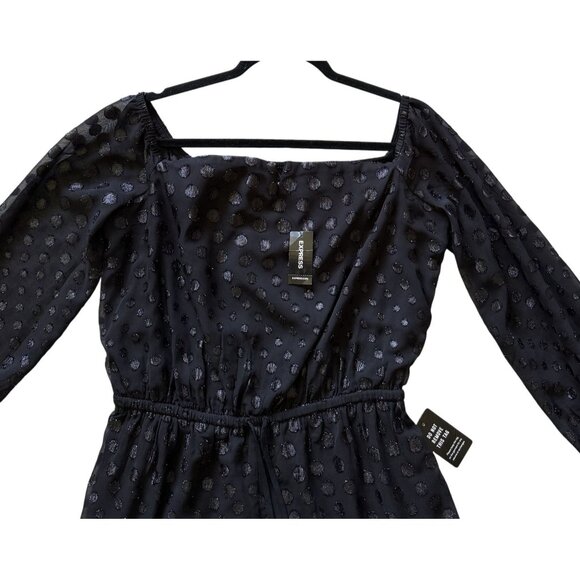 Express Black 3/4 Sleeve Sparkly PolkaDot Elastic Waist Romper Sexy M Witchy NWT - Picture 2 of 6
